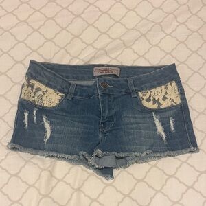 Miss Me Blue Jean Shorts with Lace Detail
